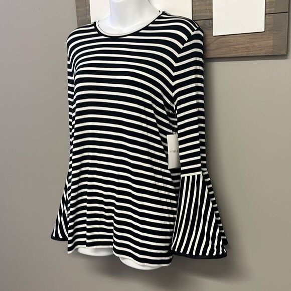 Maette by Stella & Dot Black White Striped Pullover Long Bell Sleeves- Medium - Picture 2 of 12